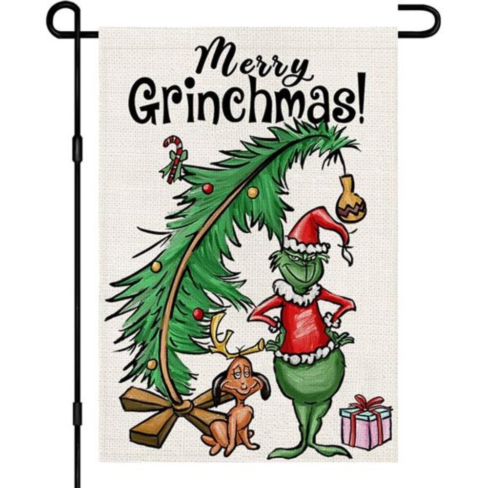 Grinchmas Garden Flags 12x18 Double Sided Burlap